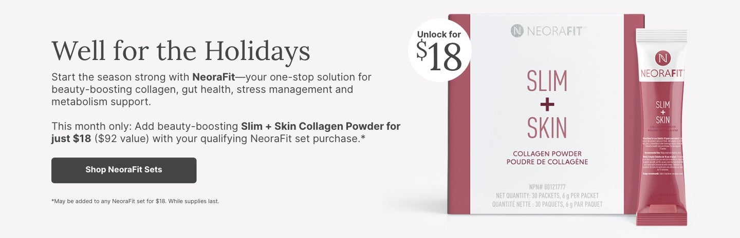 Holiday wellness promotion with a NeoraFit Plant-Based Protein Powder bag shown with a filled shaker bottle. Limited-time $15 offer ($83 value) when purchased with qualifying NeoraFit sets.